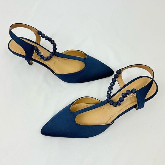 J. Renee NIMAH Navy Blue Sparkle Bead Pointed Toe T Strap Slingback Heels - Picture 8 of 16